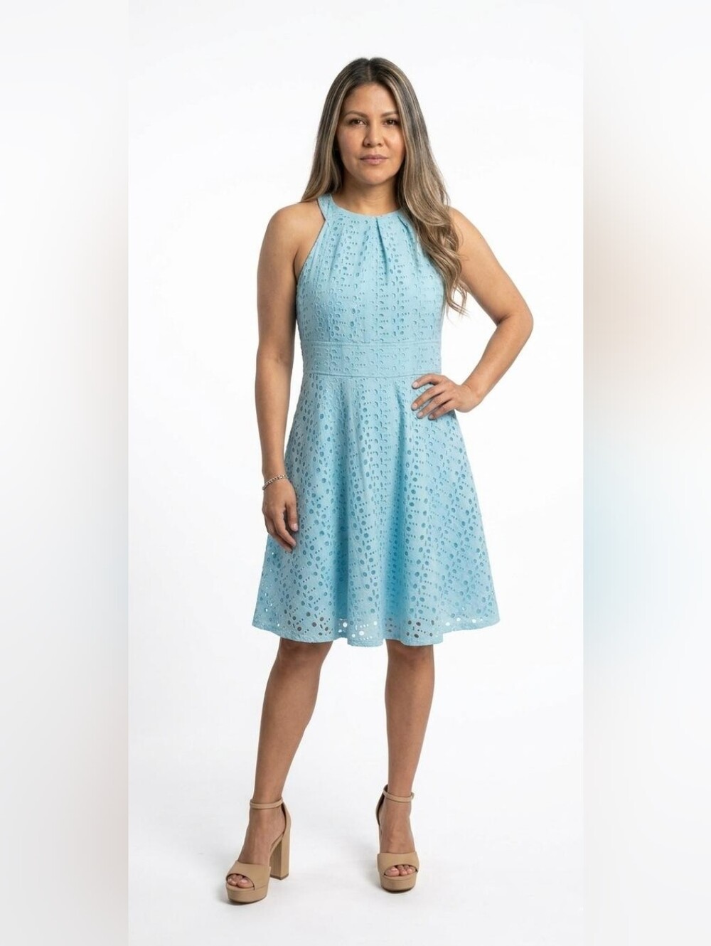 Dressbarn Aqua Turquoise Eyelet Lace Halter Fit & Flare Dress